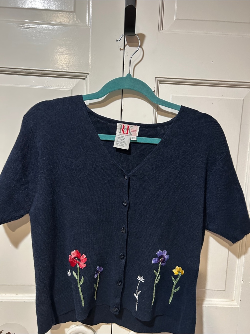 R&K Navy Short Sleeve Button Cardigan with Embroidered Flowers